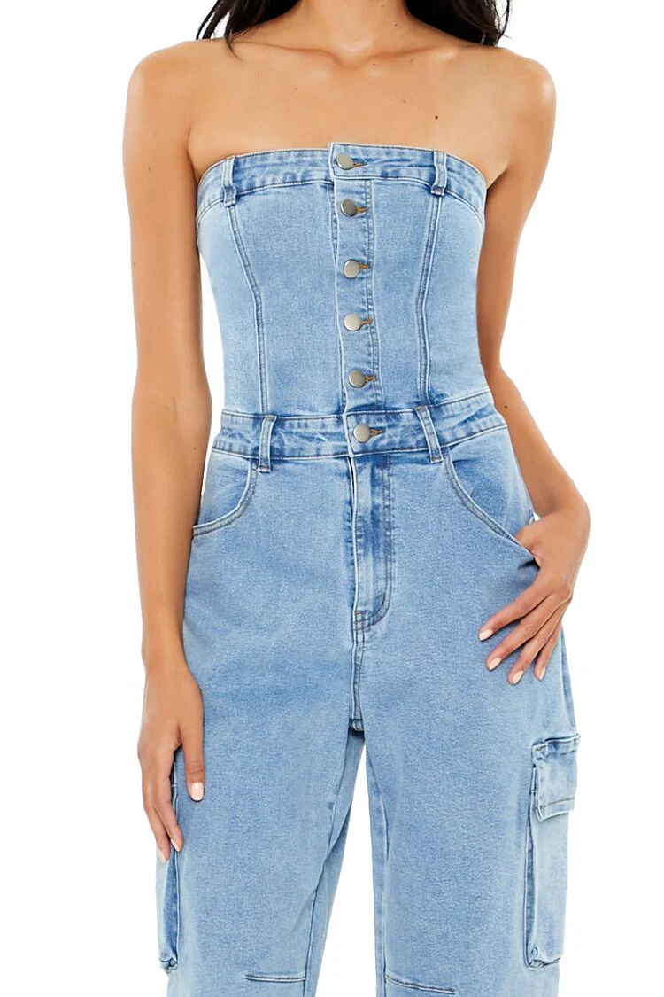 Strapless Denim Cargo Jumpsuit - Image 5