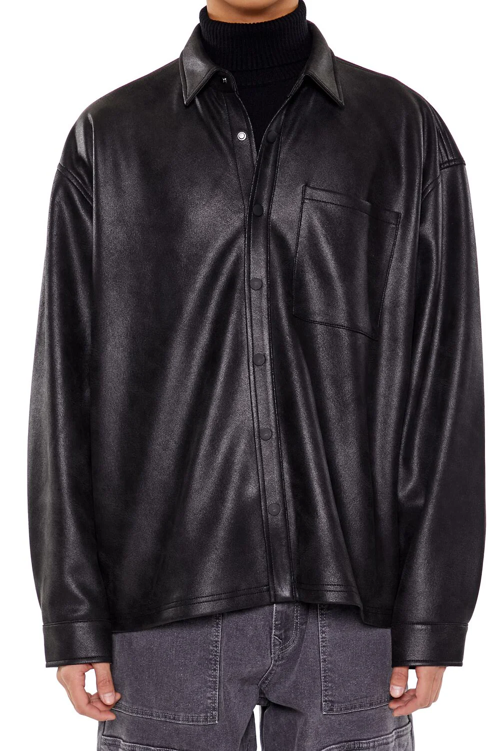 Faux Leather Button-Front Shirt - Image 3
