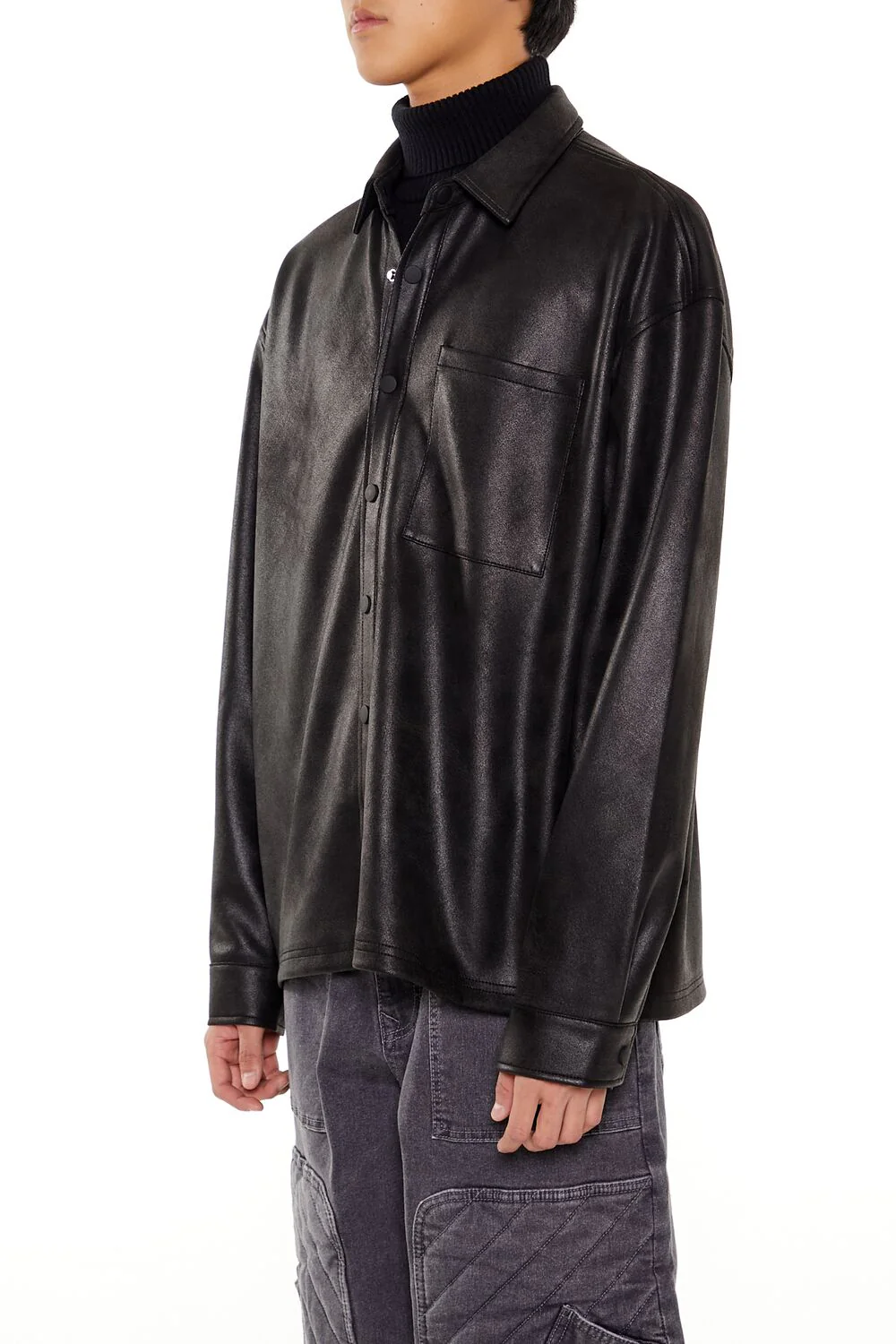 Faux Leather Button-Front Shirt - Image 4