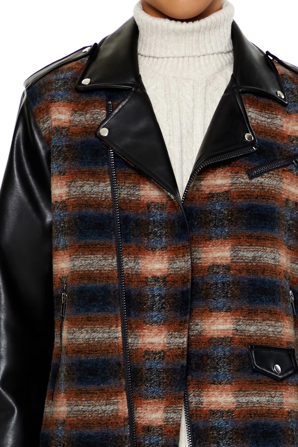 Plaid Faux Leather Moto Jacket - Image 3