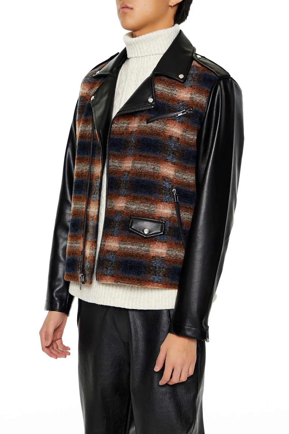 Plaid Faux Leather Moto Jacket - Image 4