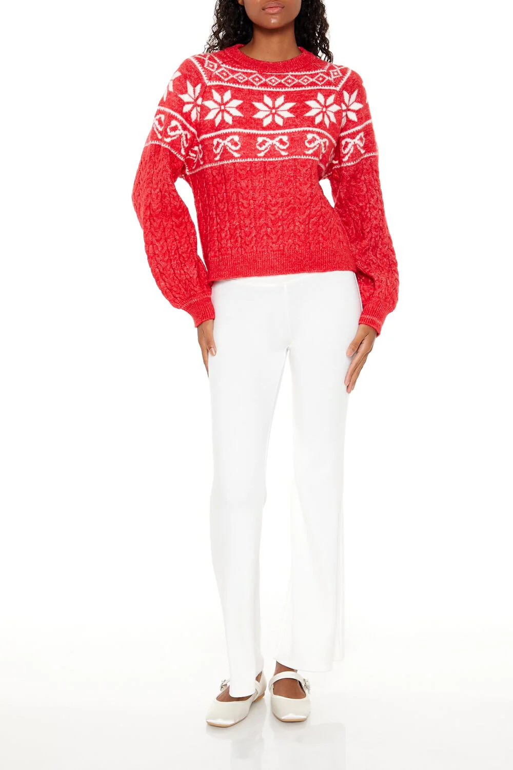 Fair Isle Bow Cable Knit Sweater - Image 2