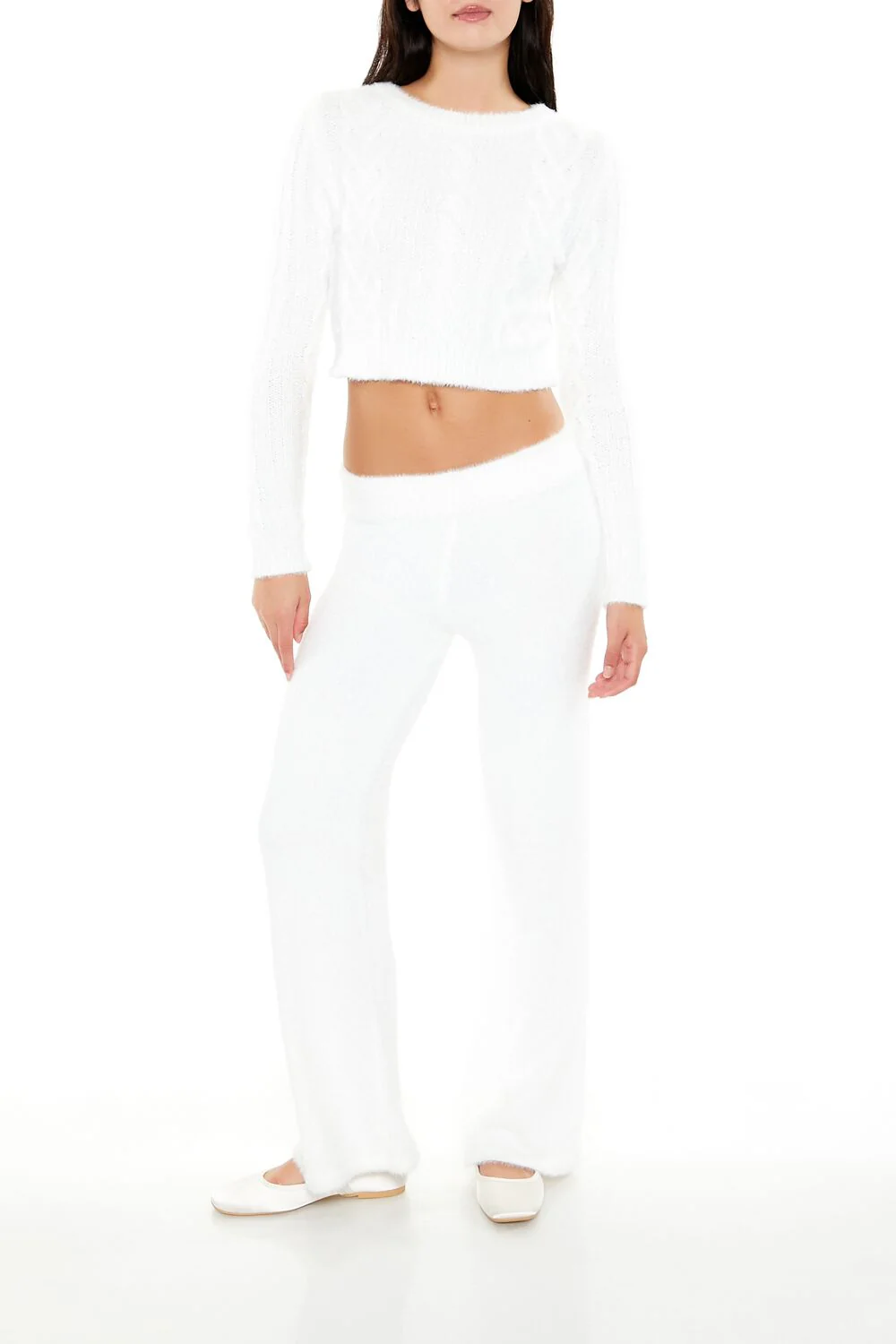 Fuzzy Cable Knit Cropped Sweater - Image 2