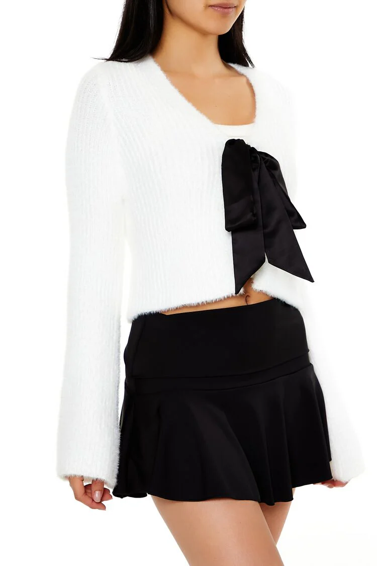 Bow Fuzzy Knit Cardigan Sweater - Image 4