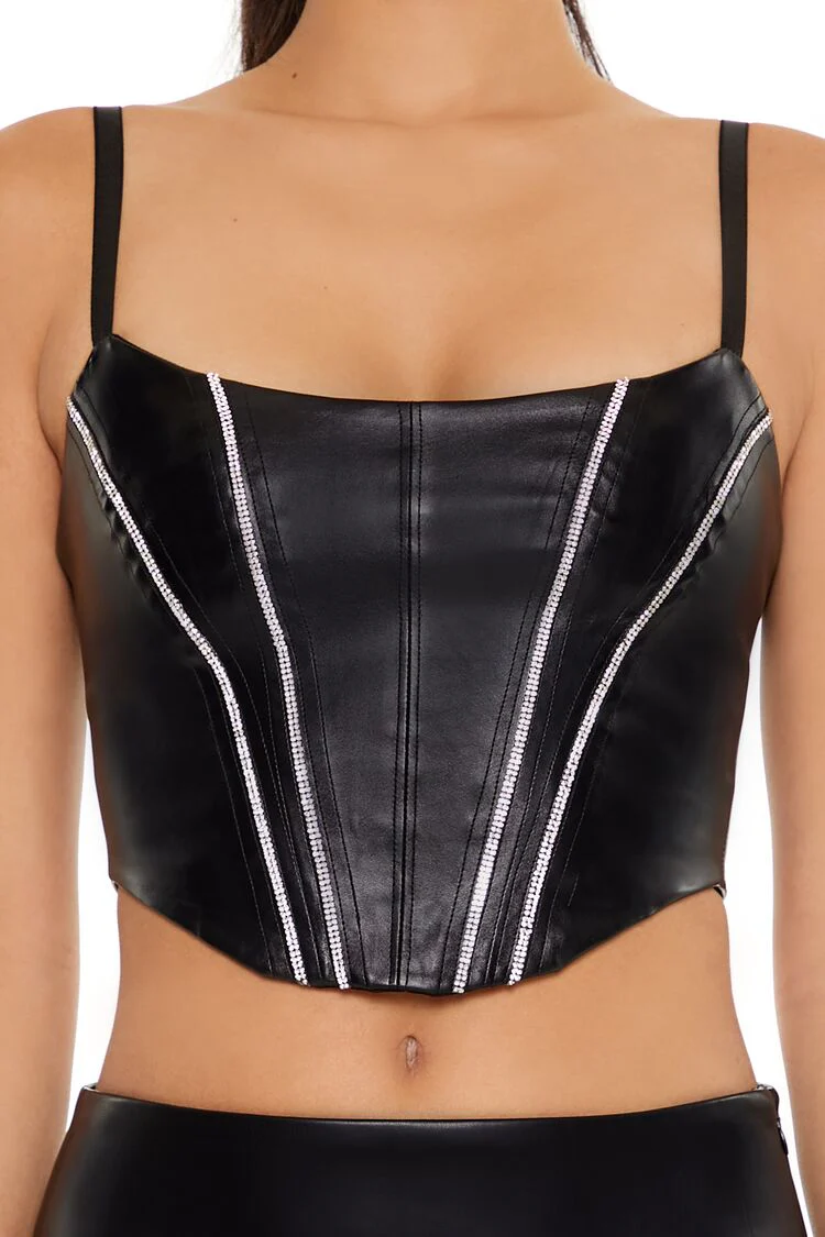 Rhinestone Faux Leather Bustier Cami - Image 3
