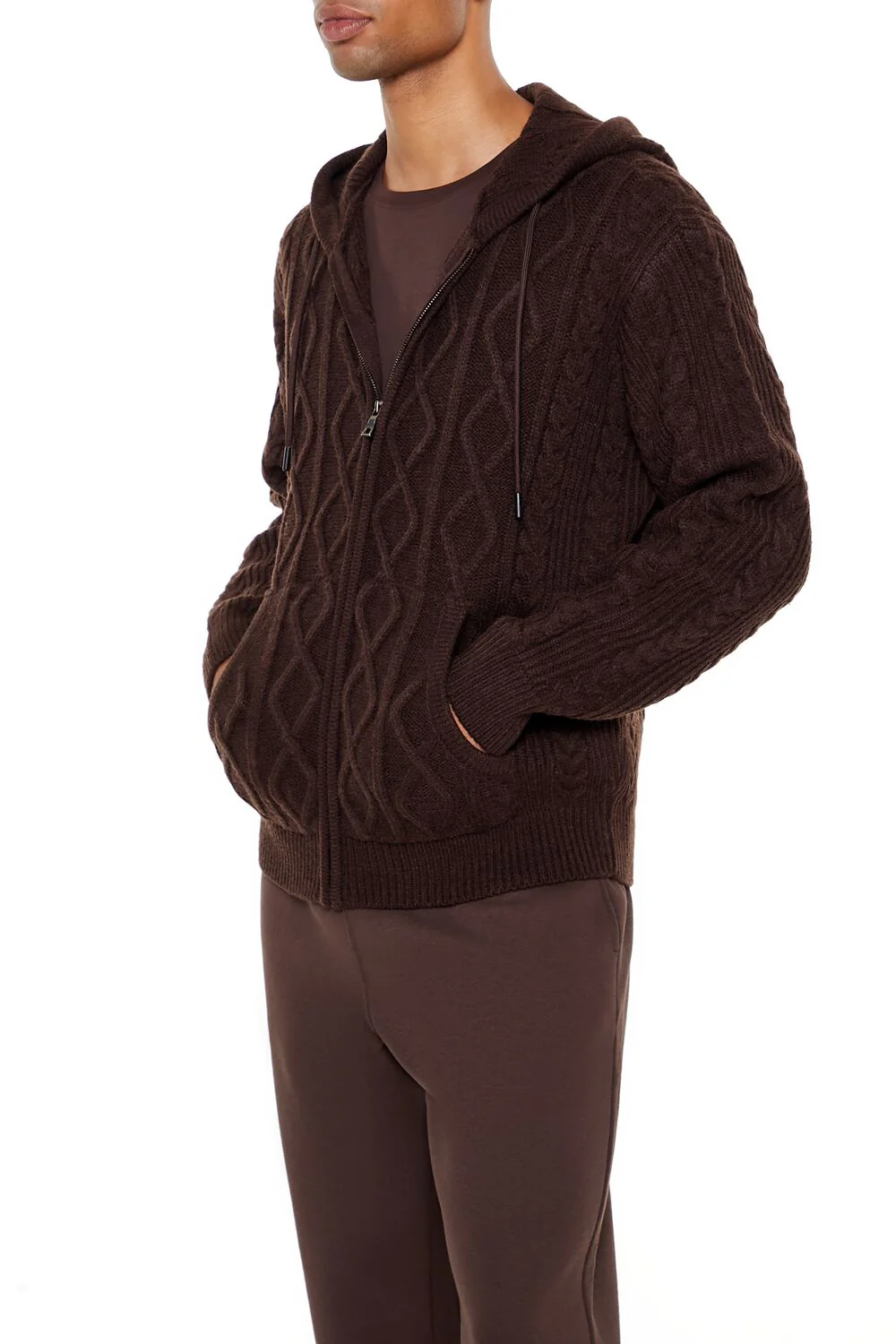 Hooded Cable Knit Zip-Up Sweater - Image 4