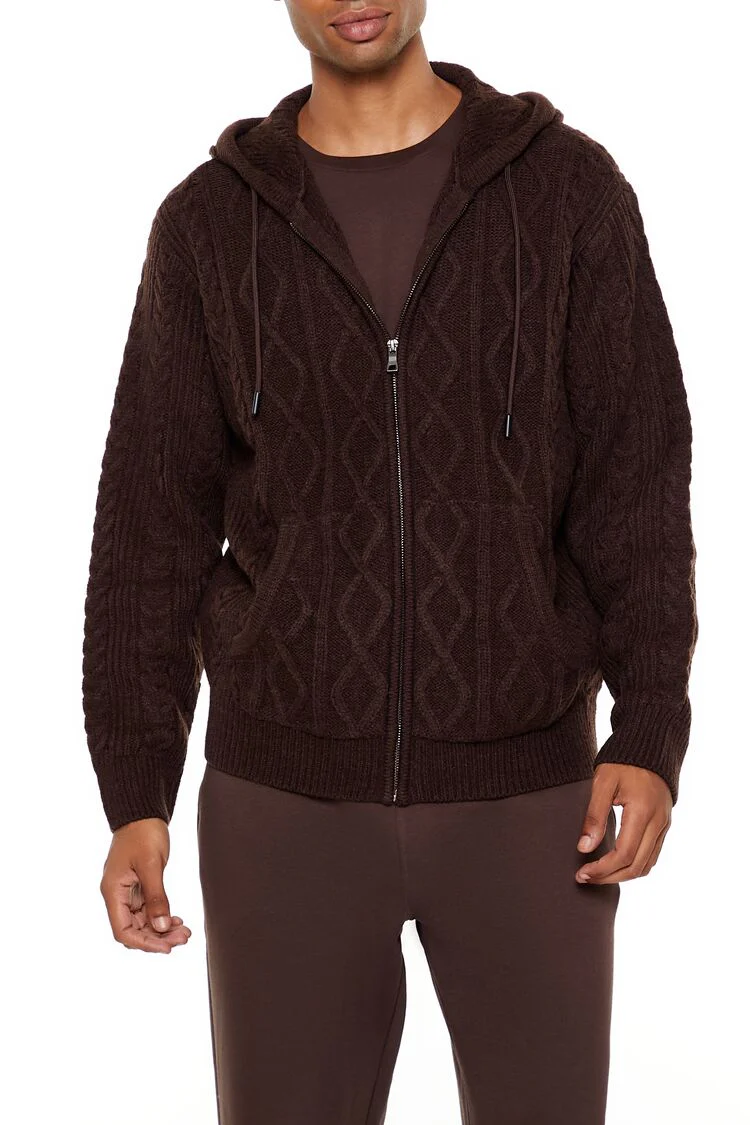 Hooded Cable Knit Zip-Up Sweater - Image 6