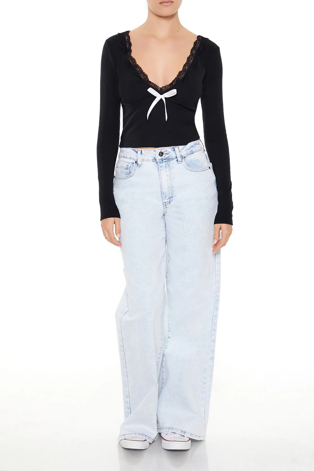 Lace-Trim Plunging Bow Crop Top - Image 2
