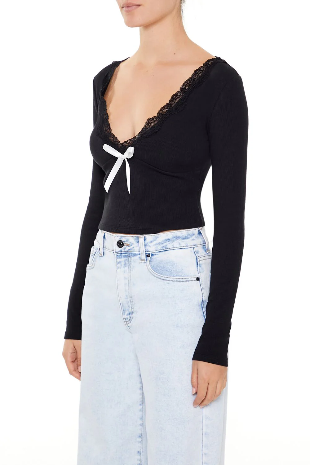 Lace-Trim Plunging Bow Crop Top - Image 4
