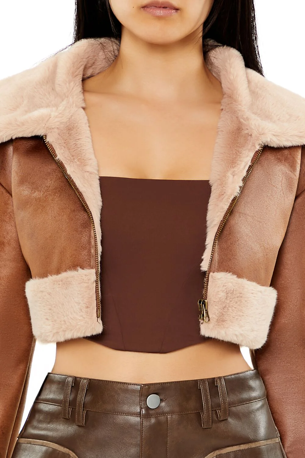 Faux Fur-Trim Cropped Moto Jacket - Image 3