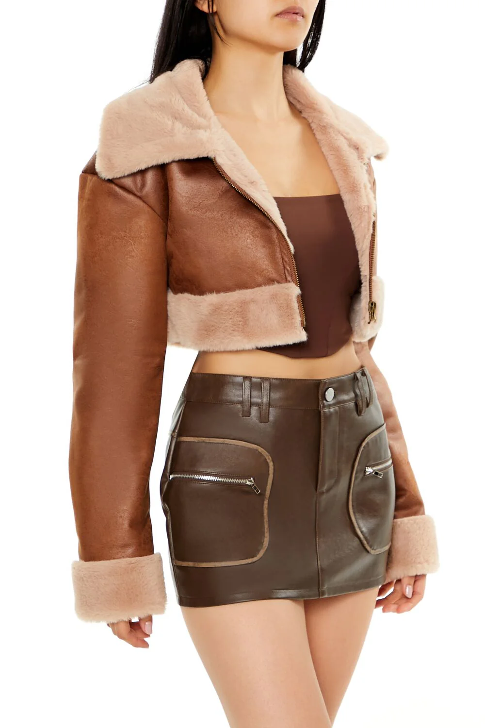 Faux Fur-Trim Cropped Moto Jacket - Image 4