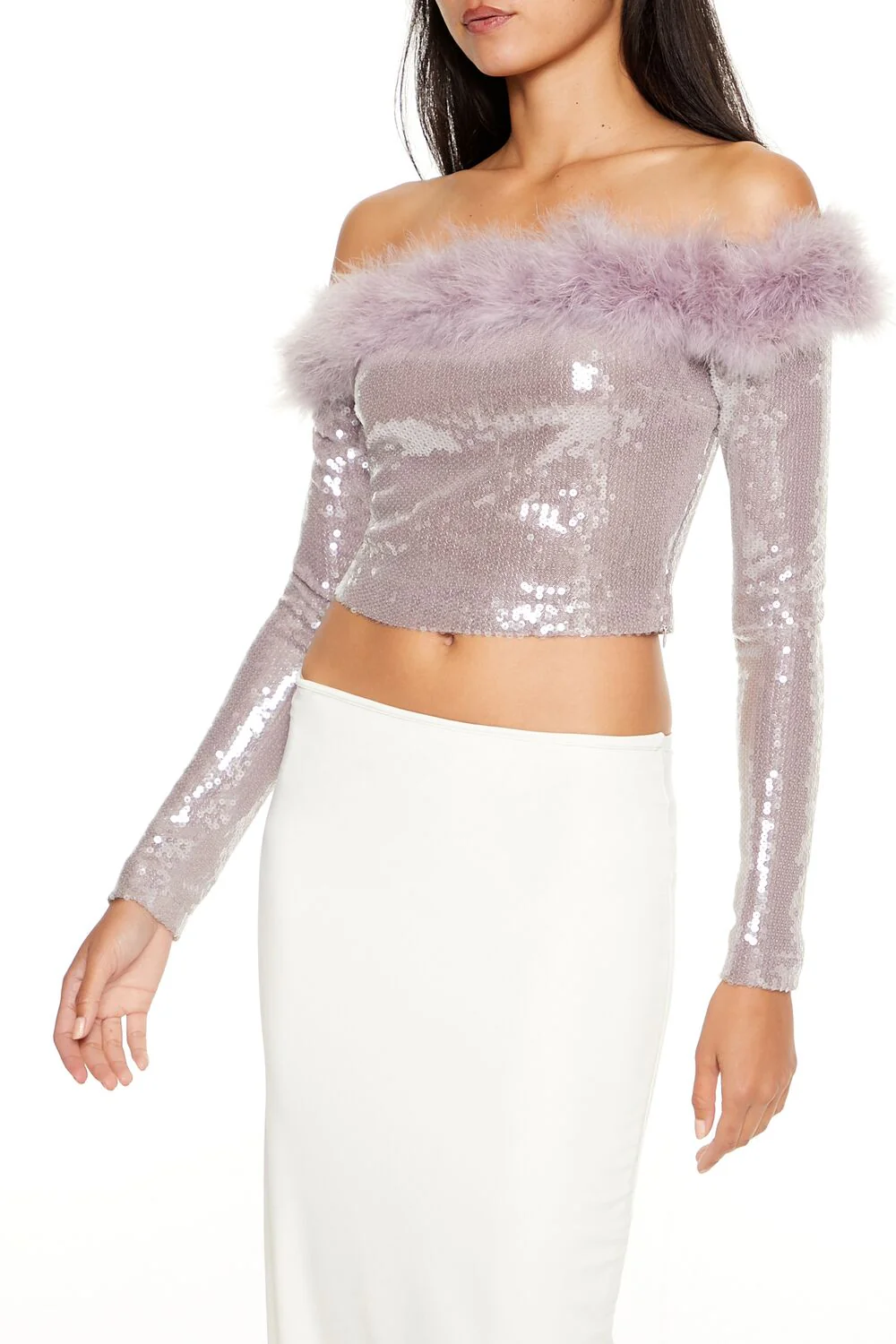 Faux Fur-Trim Sequin Crop Top - Image 4