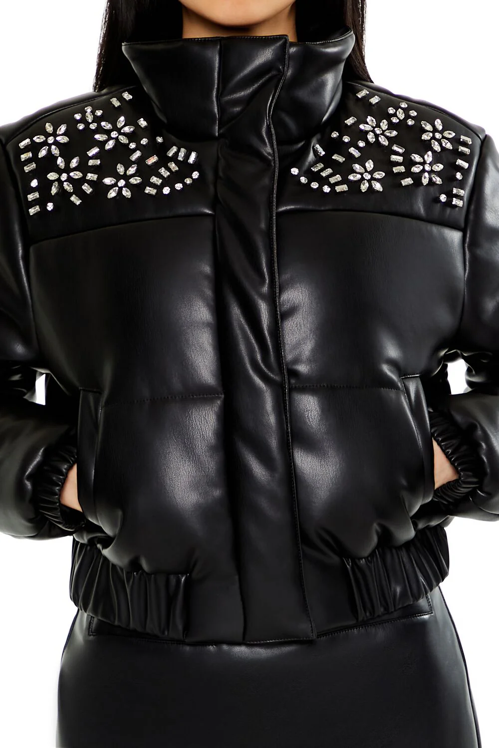 Faux Gem & Leather Puffer Jacket - Image 3