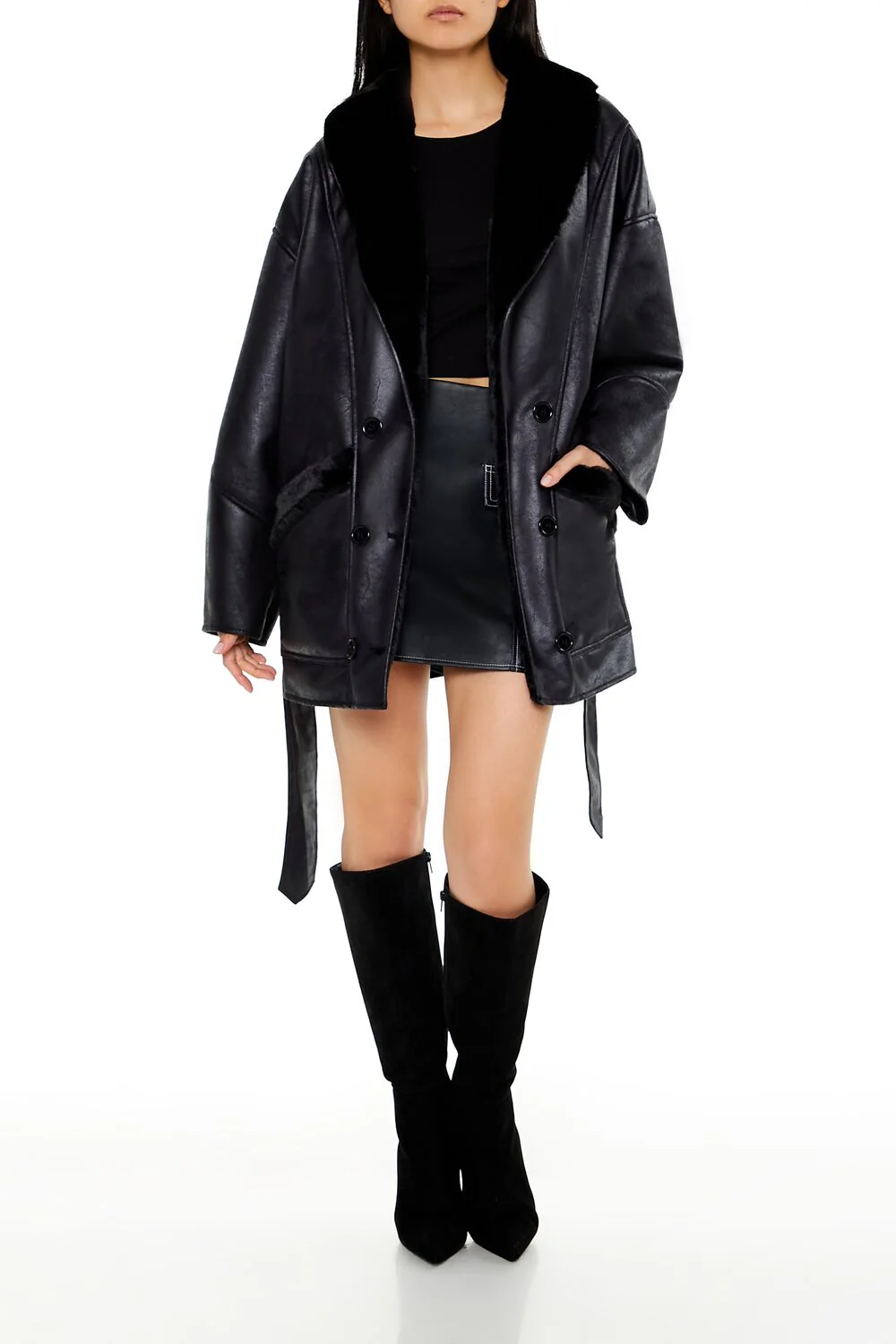 Faux Leather & Fur Trench Coat - Image 2