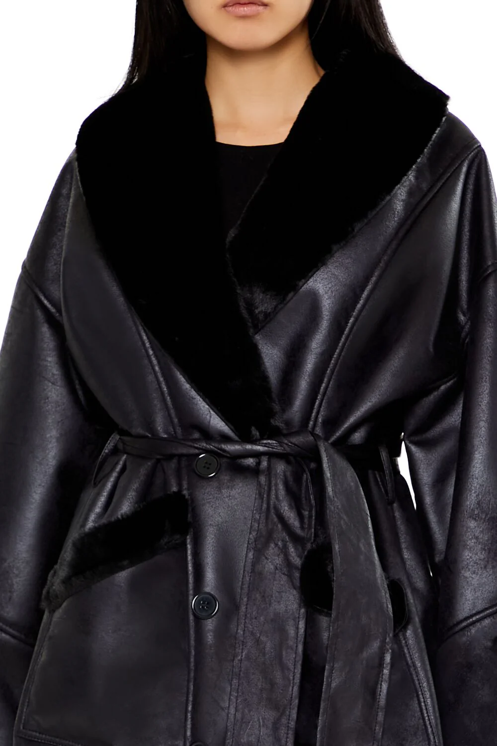 Faux Leather & Fur Trench Coat - Image 3