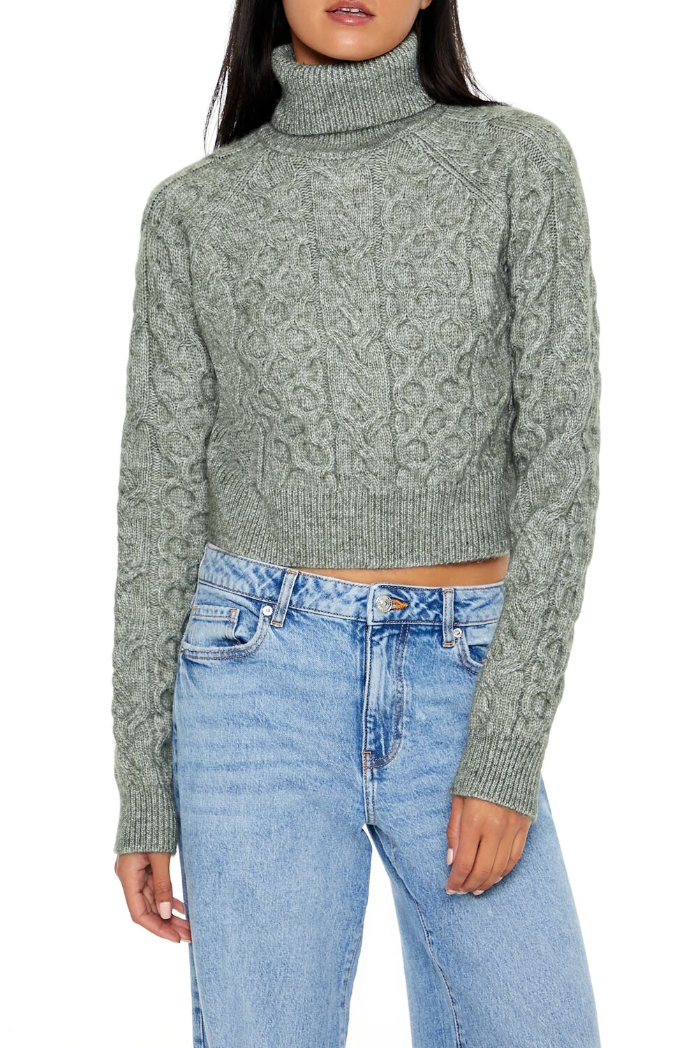 Cropped Cable Knit Turtleneck Sweater - Image 11