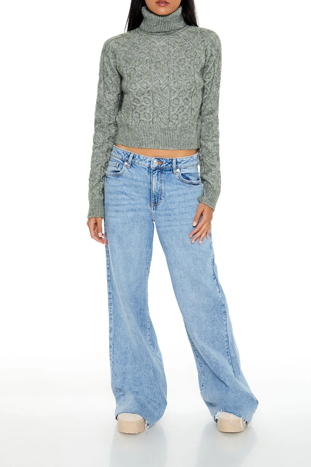 Cropped Cable Knit Turtleneck Sweater - Image 12