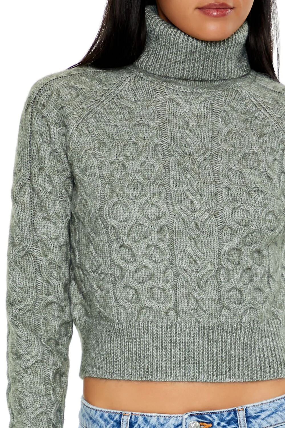 Cropped Cable Knit Turtleneck Sweater - Image 13