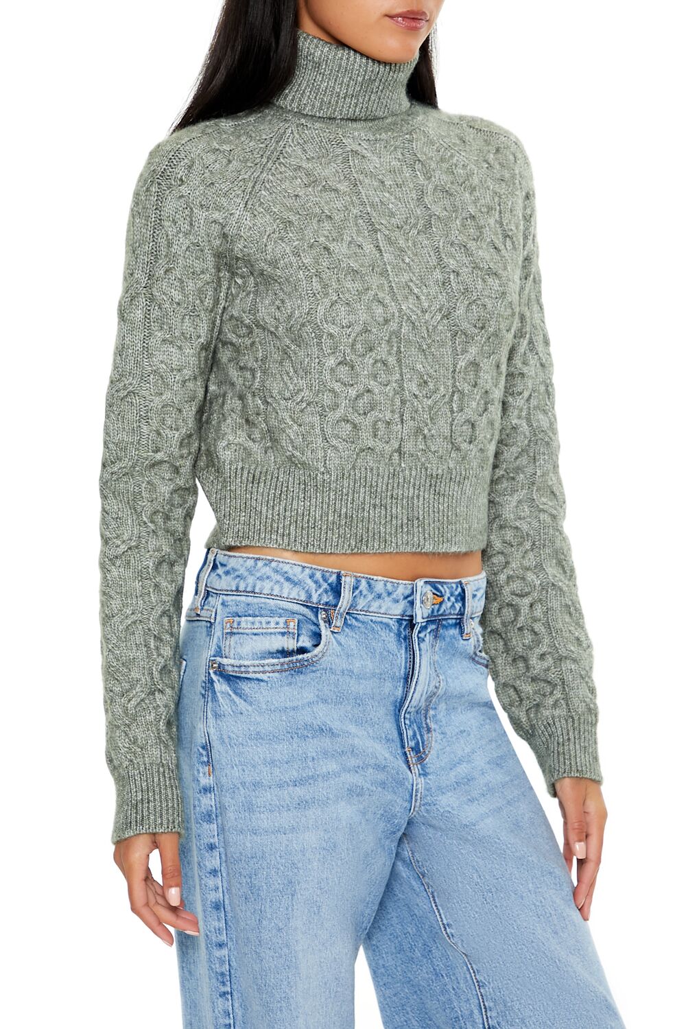 Cropped Cable Knit Turtleneck Sweater - Image 14