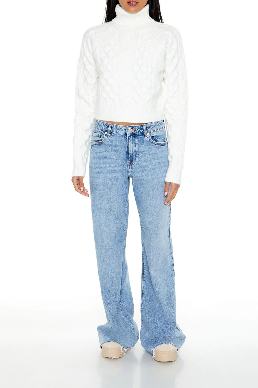 Cropped Cable Knit Turtleneck Sweater - Image 2