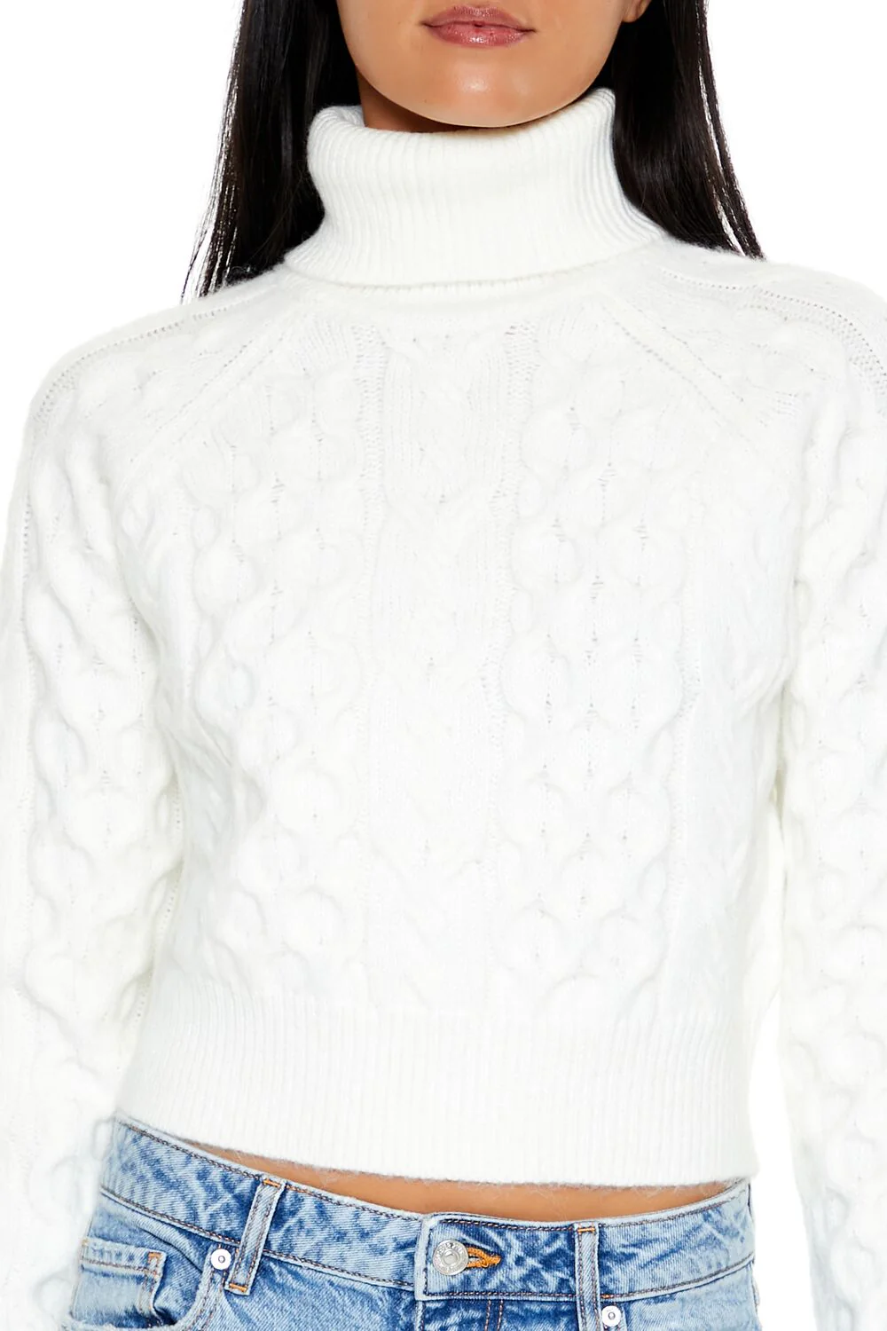 Cropped Cable Knit Turtleneck Sweater - Image 3