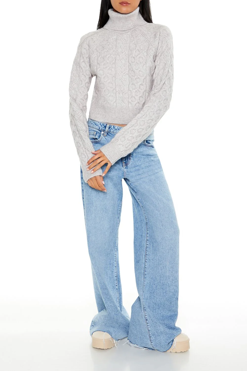 Cropped Cable Knit Turtleneck Sweater - Image 6