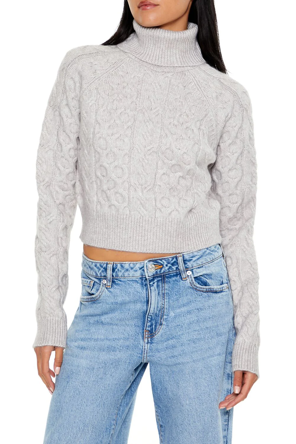 Cropped Cable Knit Turtleneck Sweater - Image 7