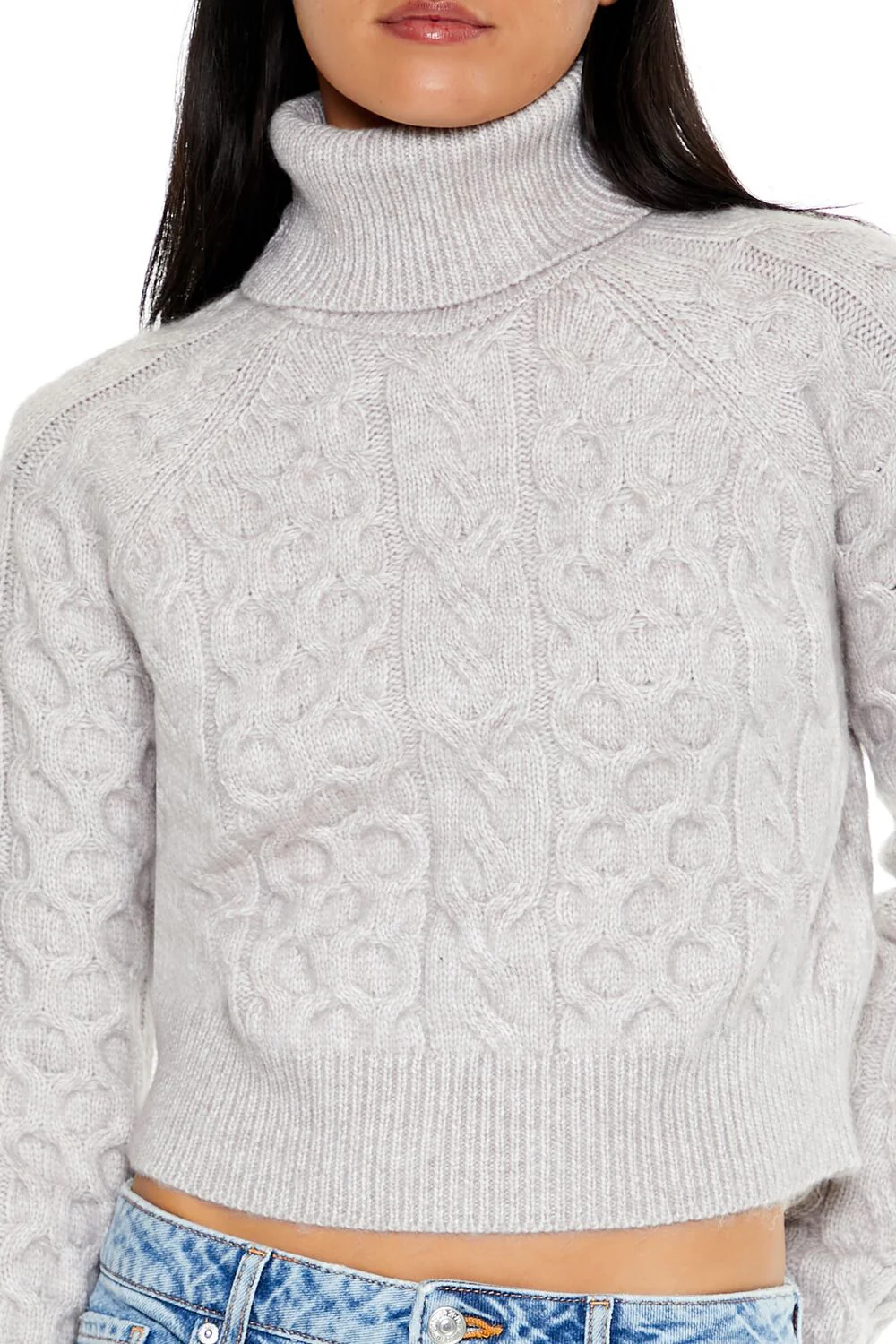 Cropped Cable Knit Turtleneck Sweater - Image 8