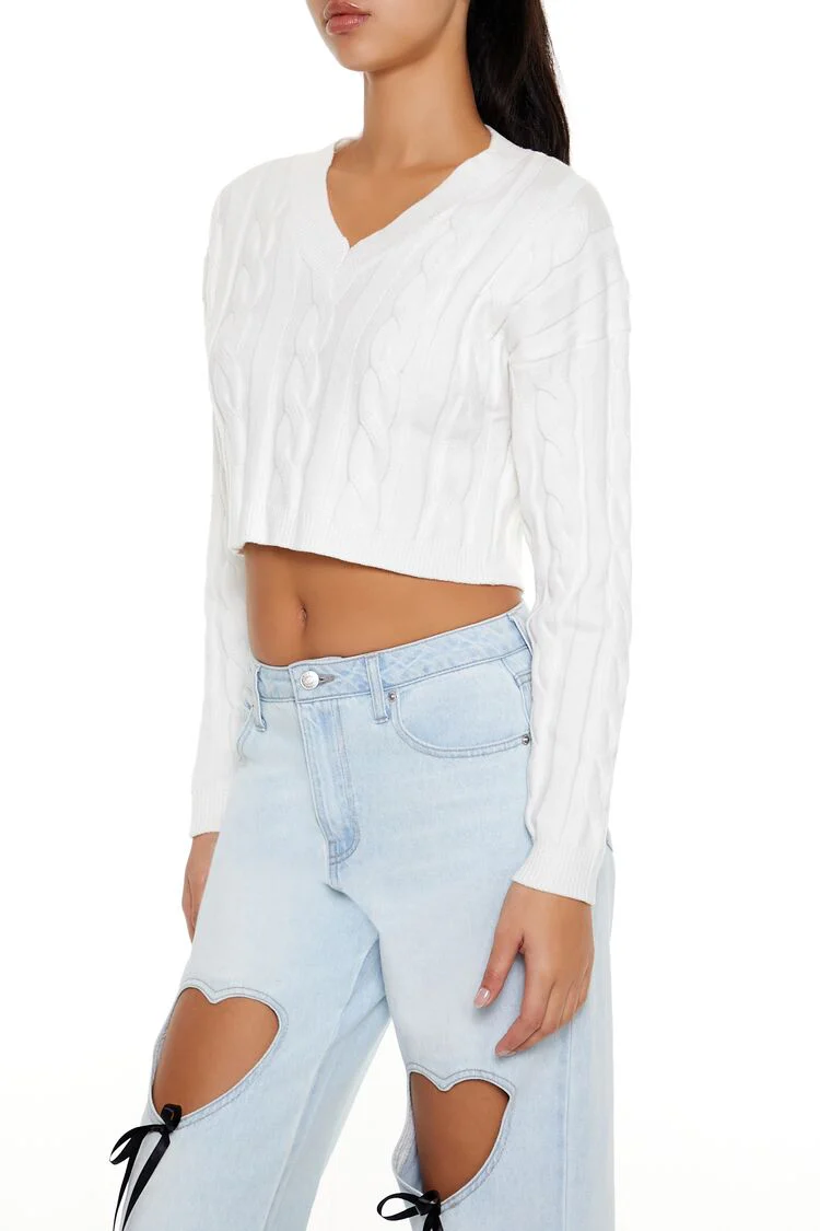 Cropped Cable Knit Sweater - Image 4