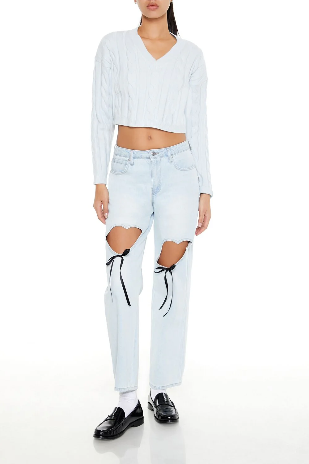Cropped Cable Knit Sweater - Image 7