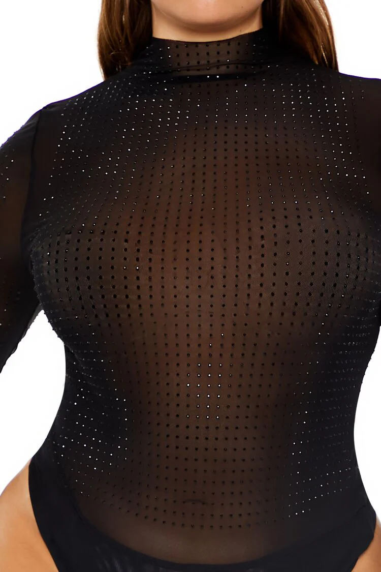 Plus Size Mesh Rhinestone Bodysuit - Image 3