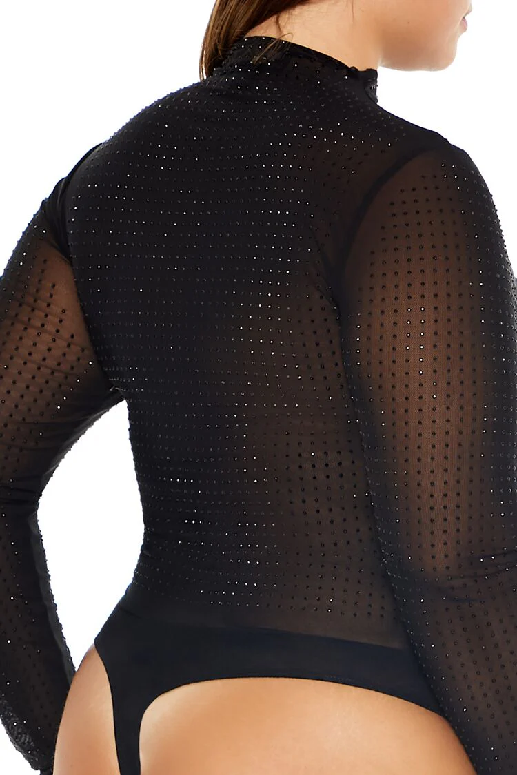 Plus Size Mesh Rhinestone Bodysuit - Image 5