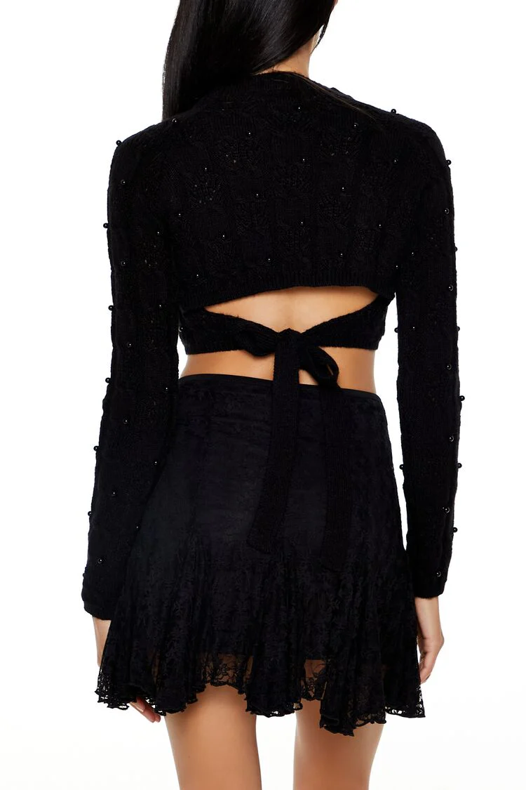 Beaded Cropped Cable Knit Sweater - Image 5