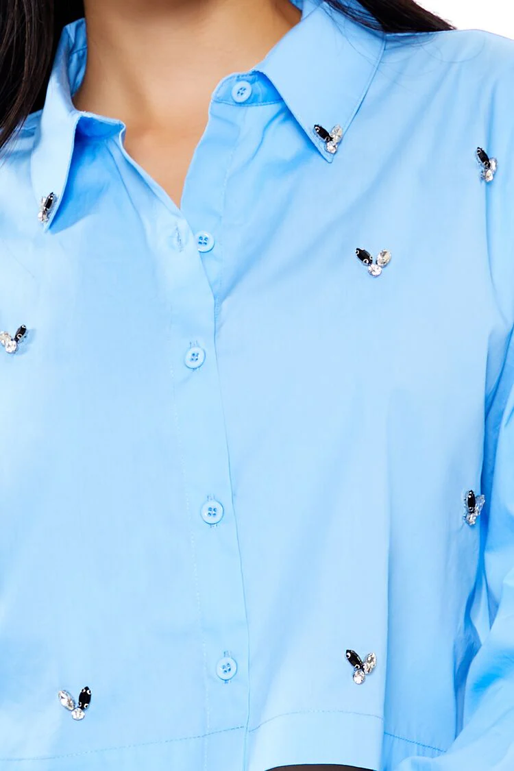Cropped Faux Gem Poplin Shirt - Image 3
