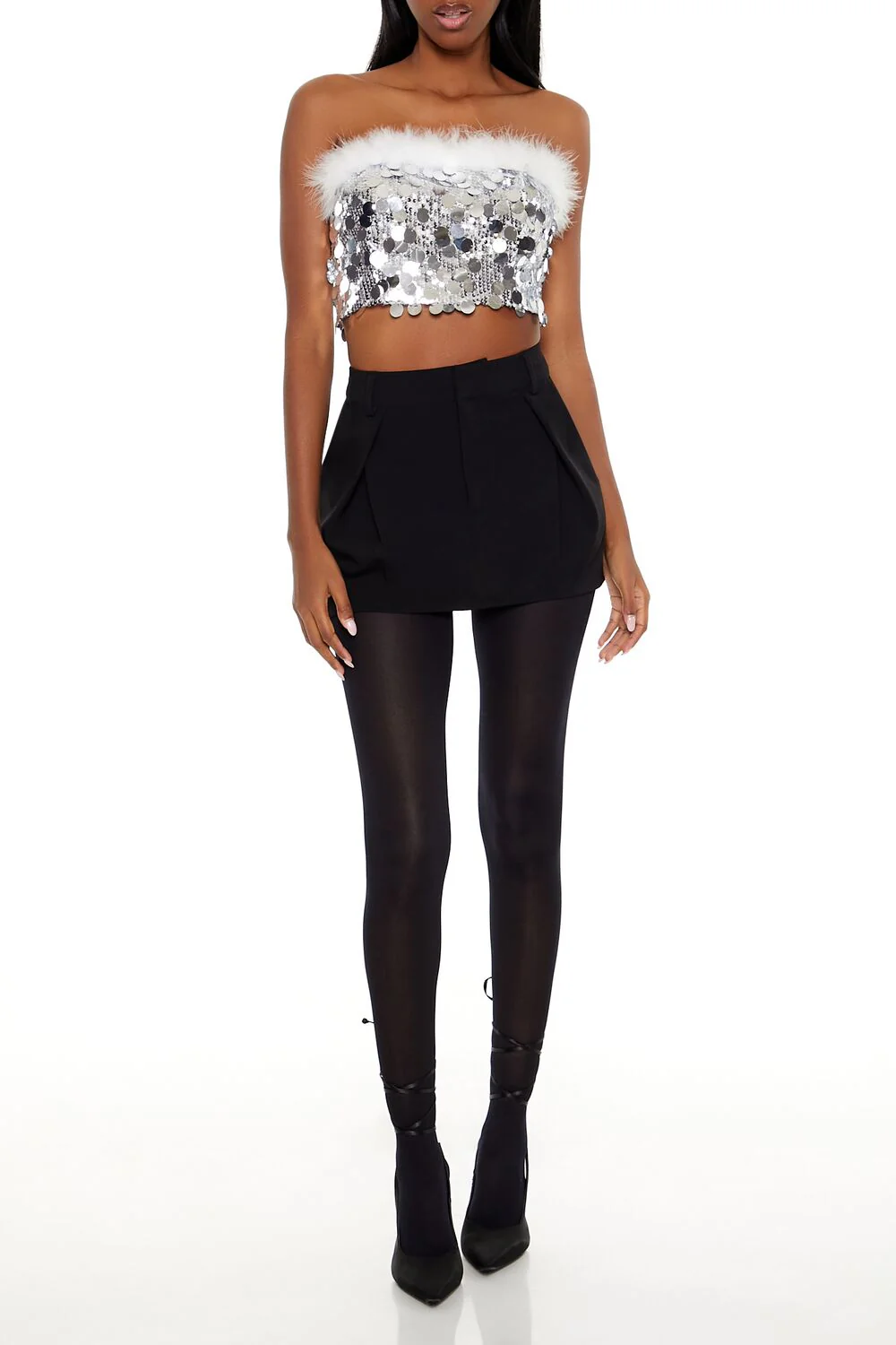 Sequin Faux Feather-Trim Tube Top - Image 2