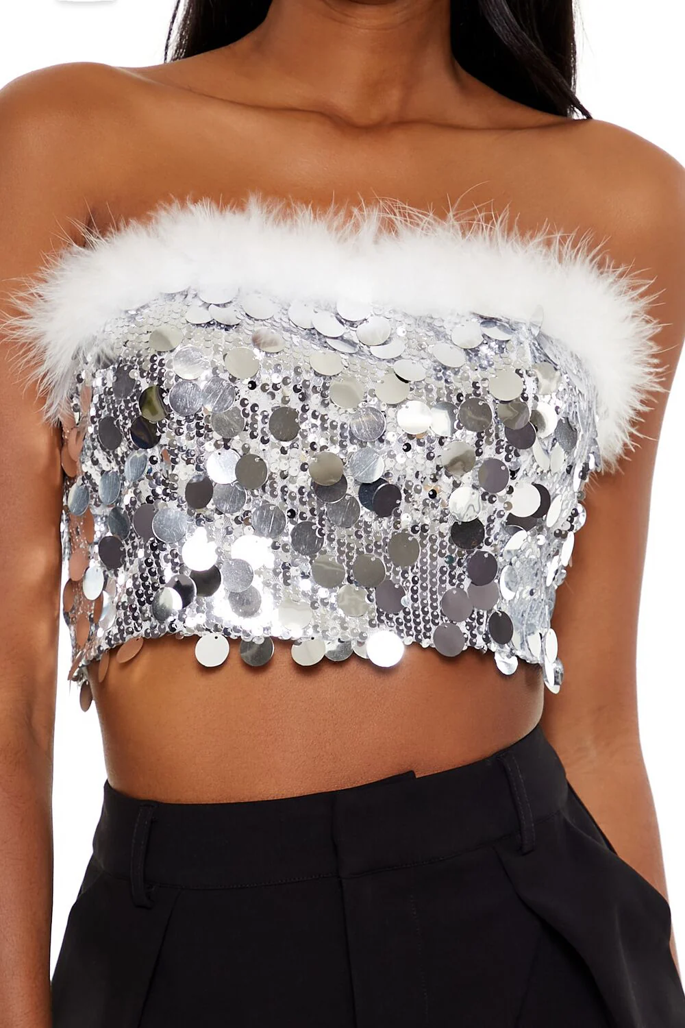 Sequin Faux Feather-Trim Tube Top - Image 3