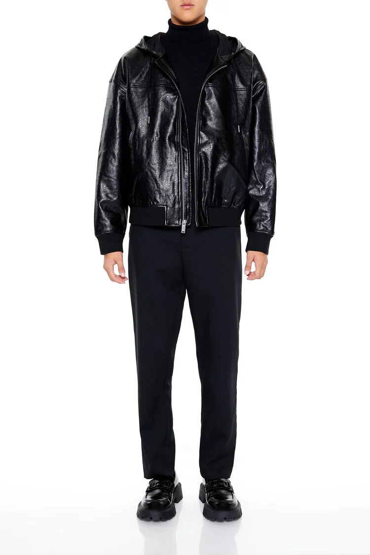 Hooded Faux Leather Bomber Jacket - Image 2