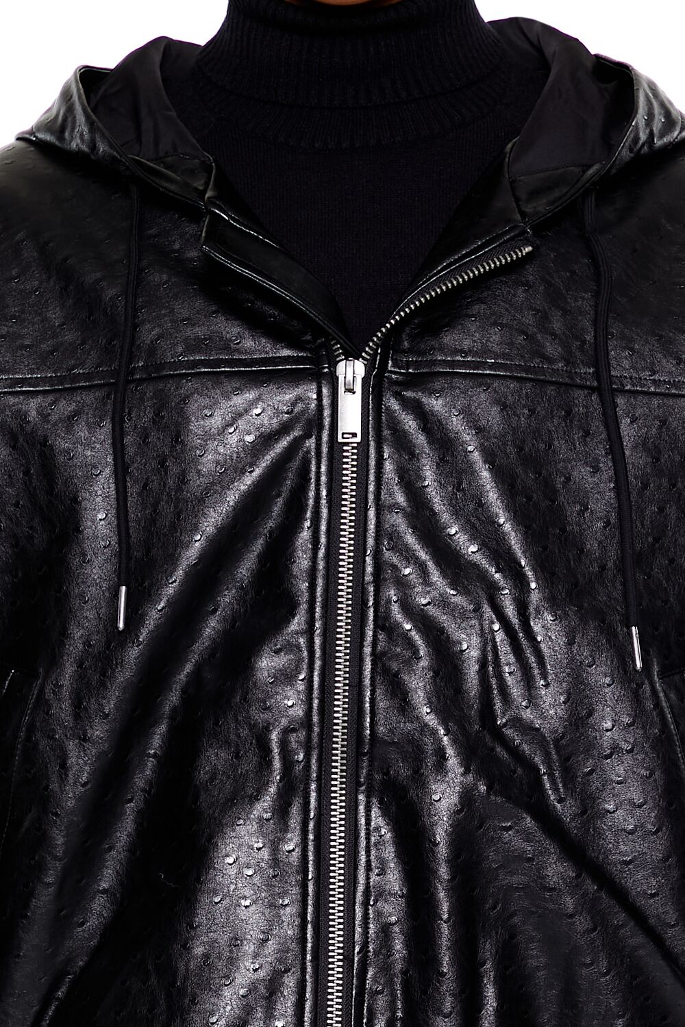 Hooded Faux Leather Bomber Jacket - Image 3