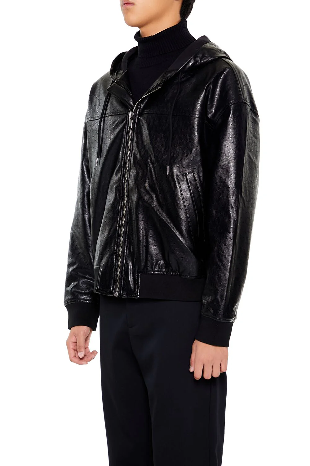 Hooded Faux Leather Bomber Jacket - Image 5