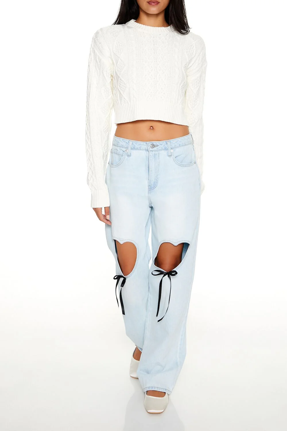 Cropped Cable Knit Sweater - Image 2