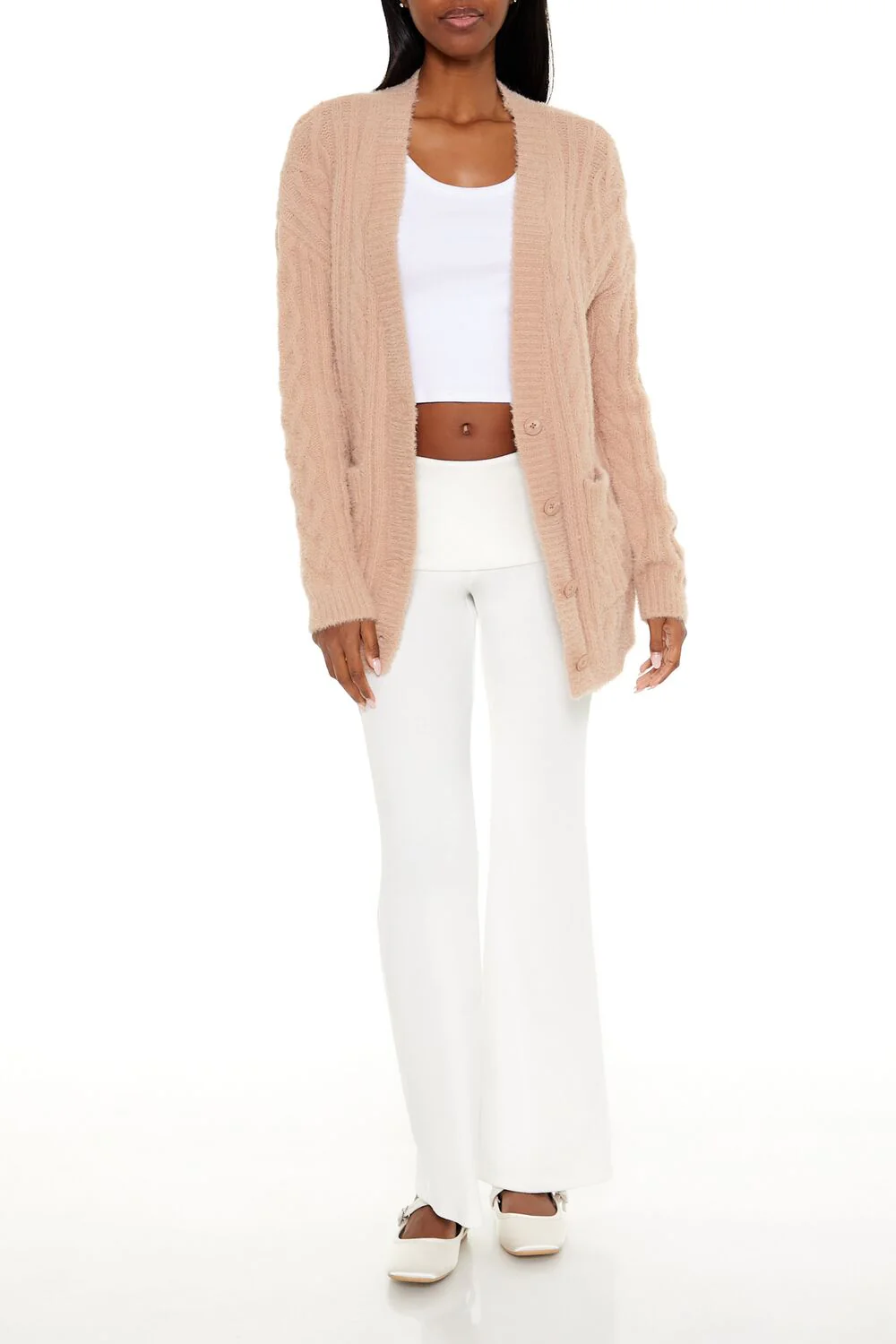 Fuzzy Cable Knit Cardigan Sweater - Image 2