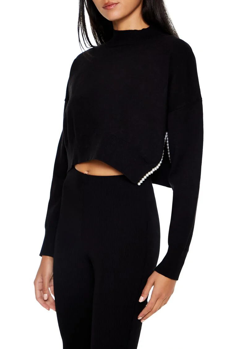 Faux Pearl-Trim Cropped Sweater - Image 4