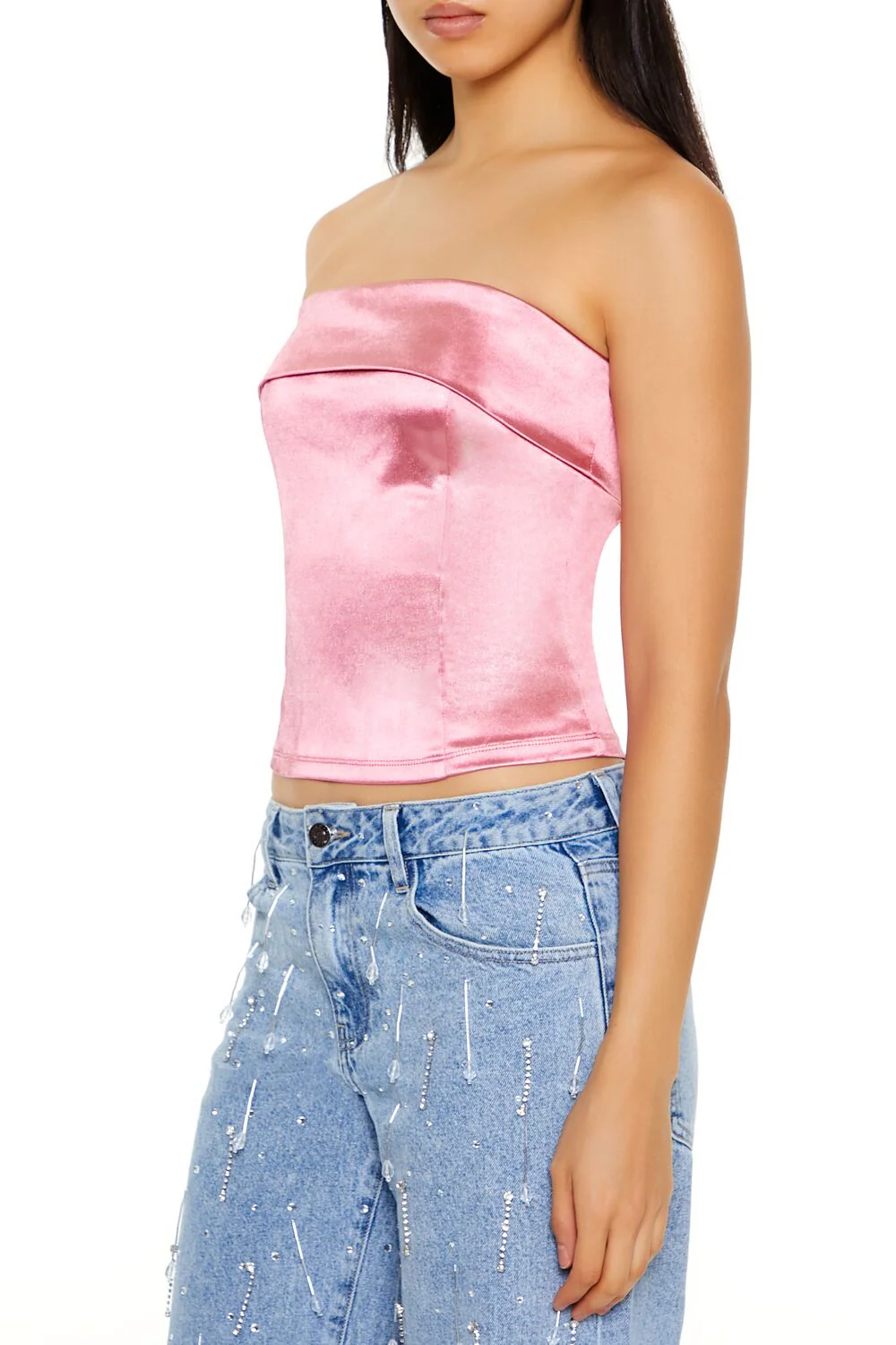 Satin Foldover Tube Crop Top - Image 9