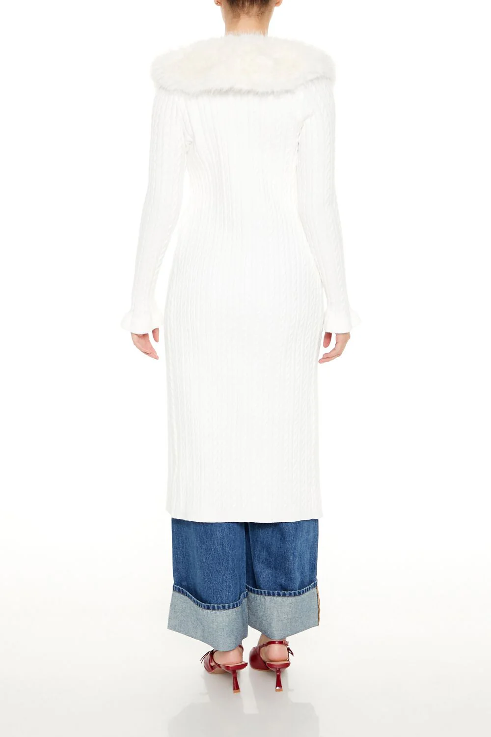Faux Fur-Trim Longline Cardigan Sweater - Image 10