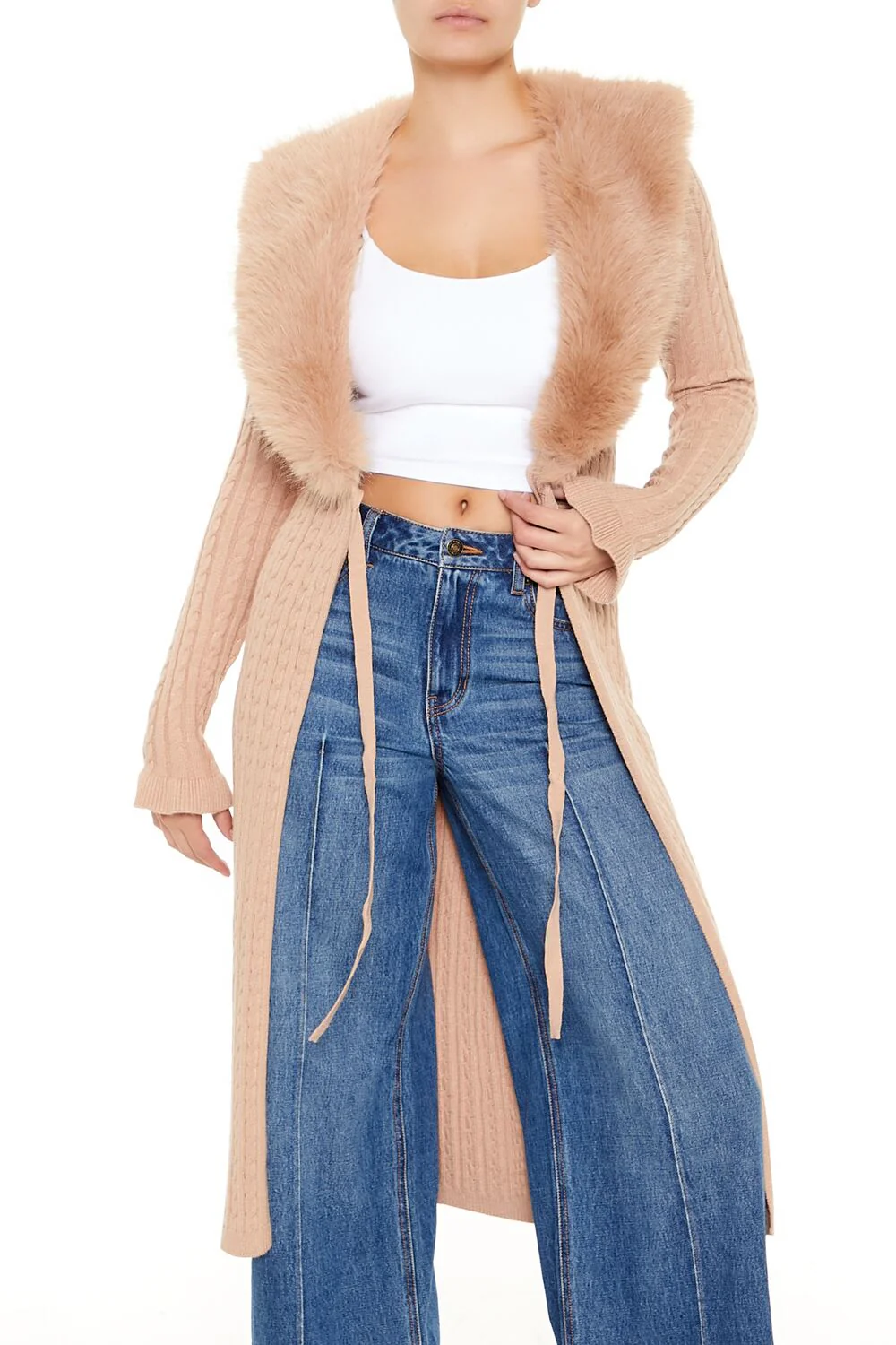 Faux Fur-Trim Longline Cardigan Sweater - Image 2