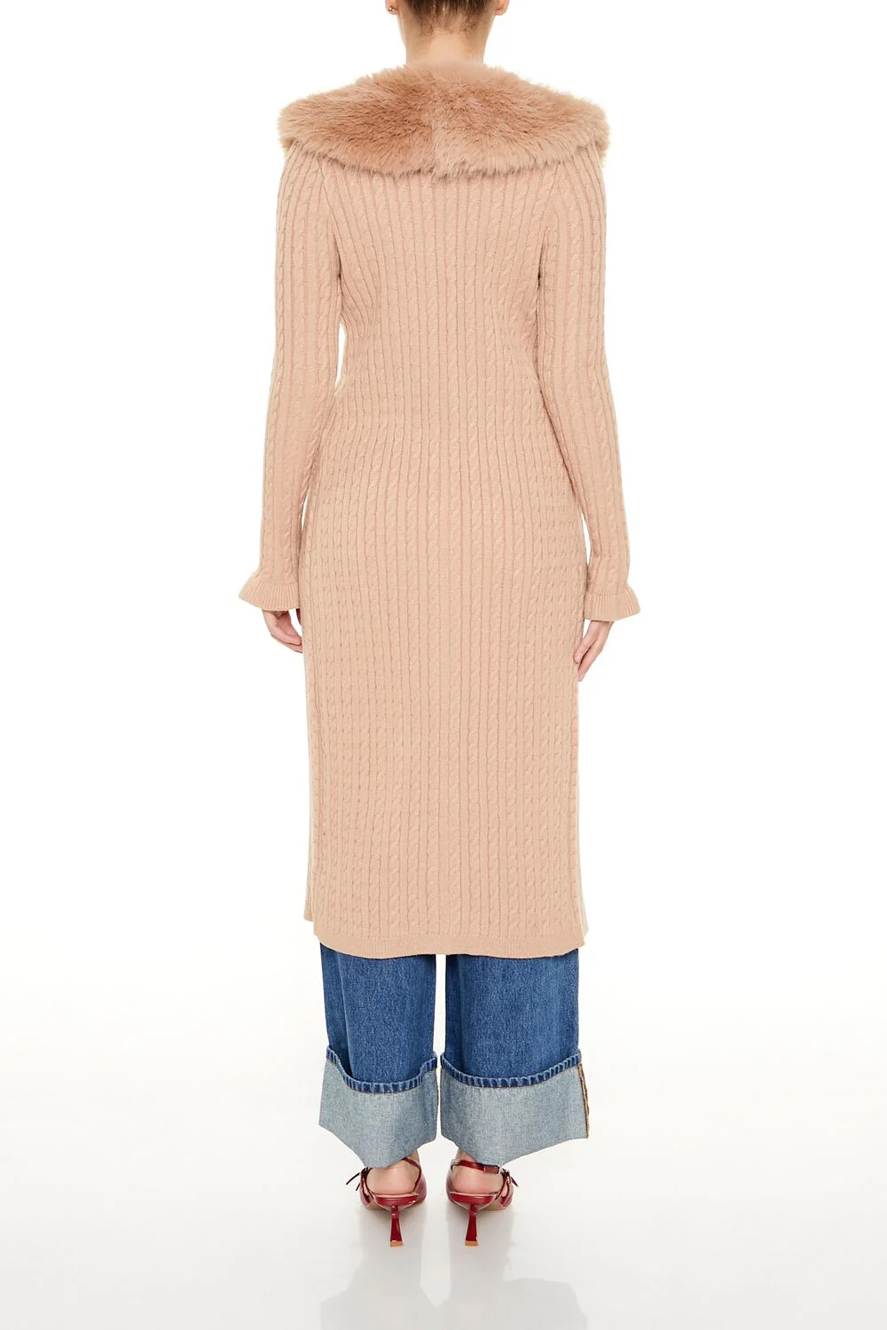 Faux Fur-Trim Longline Cardigan Sweater - Image 3