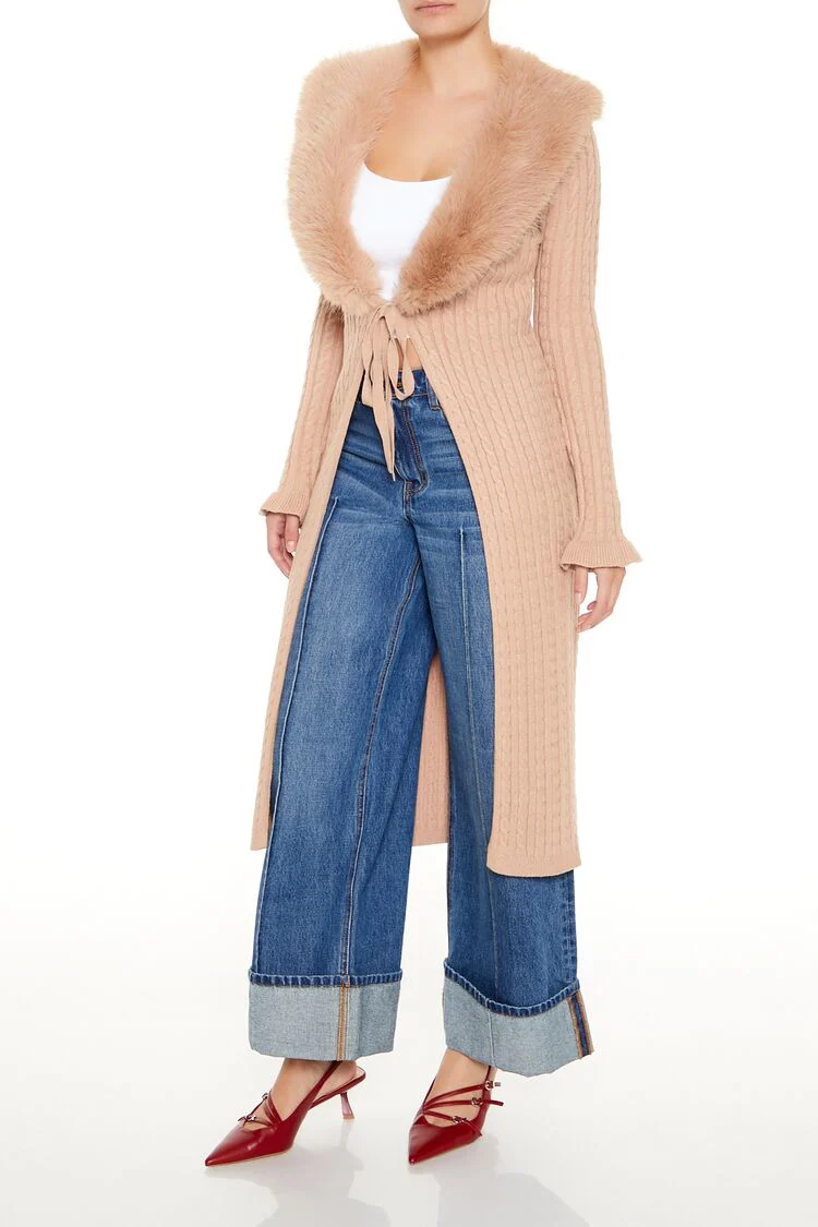Faux Fur-Trim Longline Cardigan Sweater - Image 5