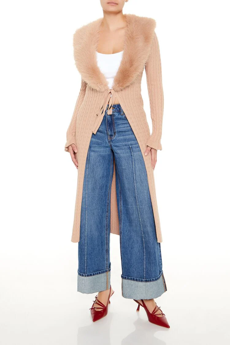 Faux Fur-Trim Longline Cardigan Sweater - Image 6
