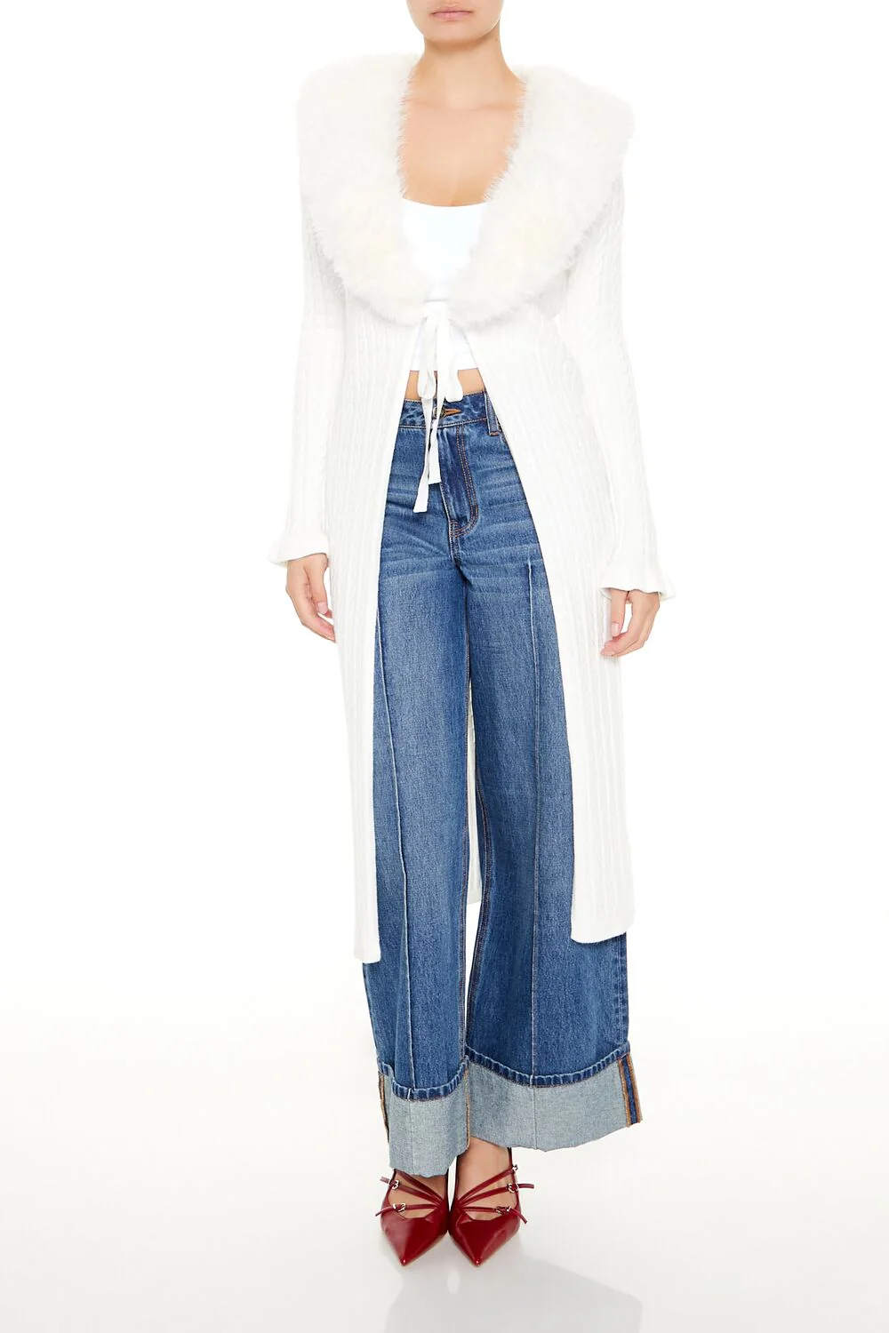 Faux Fur-Trim Longline Cardigan Sweater - Image 7