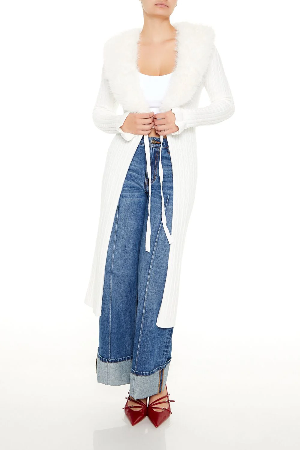 Faux Fur-Trim Longline Cardigan Sweater - Image 8